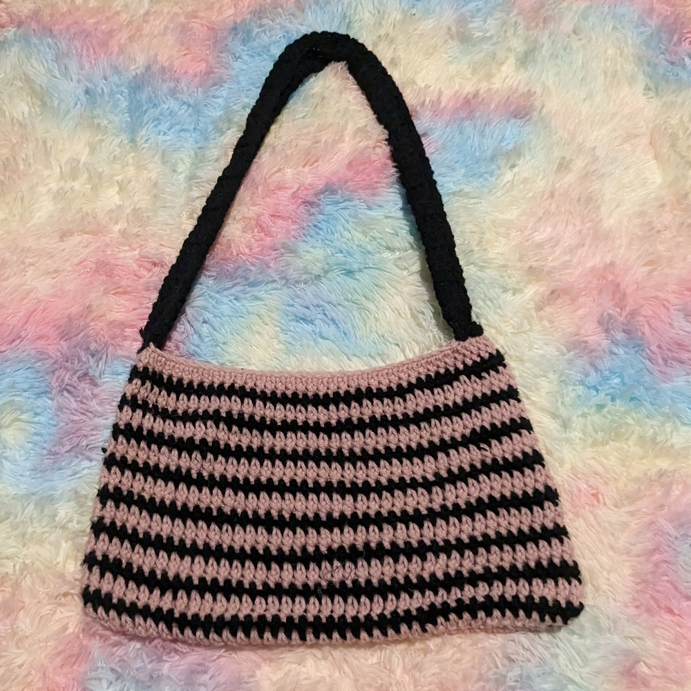 Pink Black Crochet Hand Bag